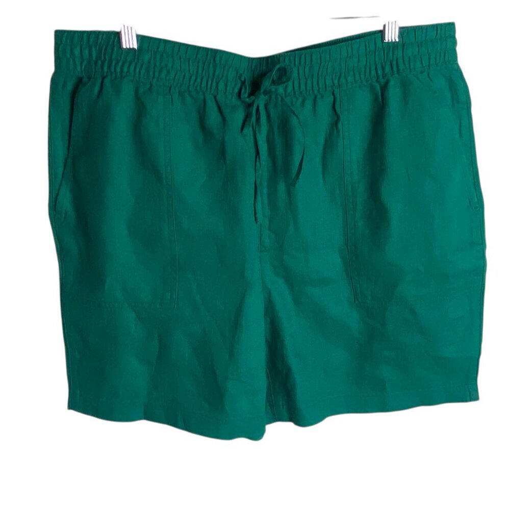 Lands' End Women's Size L Pure Linen Blue Green Pull on Shorts Drawstring Waist